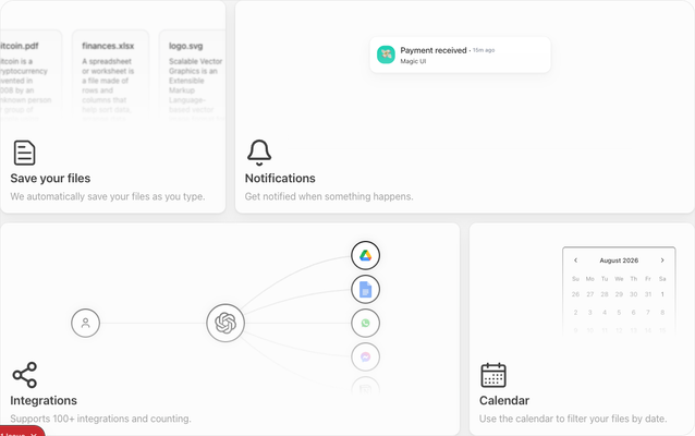 Bento Grid catalogue demo with file, notification, integration and calendar feature cards